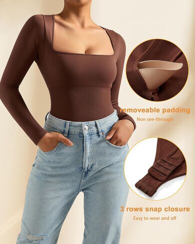 MOSHENGQI بدلة نسائية مثيرة برقبة مربعة وأكمام طويلة للتحكم في البطن وقمصان in Kuwait