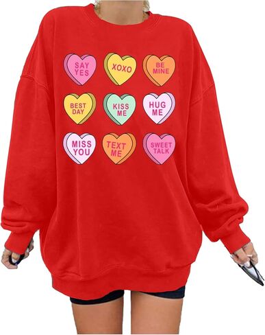 JINTING Valentine Sweatshirt النساء المتضخم قلوب طويلة الأكمام قميص محادثة القلب بلوزات هدية لها in Kuwait