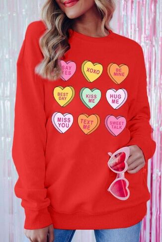 JINTING Valentine Sweatshirt النساء المتضخم قلوب طويلة الأكمام قميص محادثة القلب بلوزات هدية لها in Kuwait