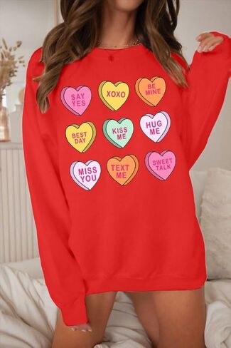 JINTING Valentine Sweatshirt النساء المتضخم قلوب طويلة الأكمام قميص محادثة القلب بلوزات هدية لها in Kuwait