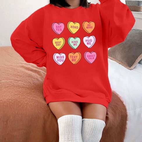 JINTING Valentine Sweatshirt النساء المتضخم قلوب طويلة الأكمام قميص محادثة القلب بلوزات هدية لها in Kuwait