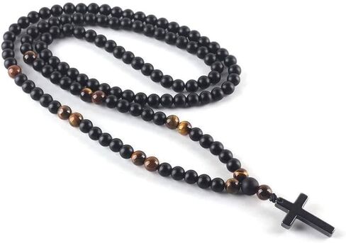 LG Gifts Ltd. قلادة متقاطعة من خرزة عين النمر الأسود والهيماتيت للرجال والنساء المسيحيين | هدية دينية مسيحية | مسبحة حبة الصليب قلادة in Kuwait