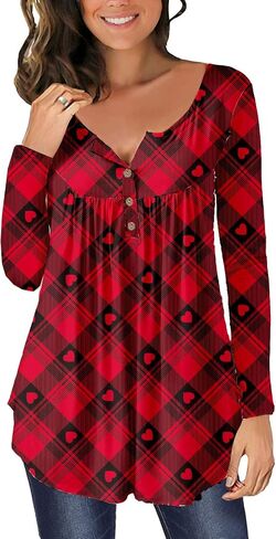 Valentine's Day Women's Henley V-Neck Long Sleeve Red Love Heart Tunic Holiday Shirts in Saudi Arabia