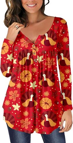 Valentine's Day Women's Henley V-Neck Long Sleeve Red Love Heart Tunic Holiday Shirts in Saudi Arabia