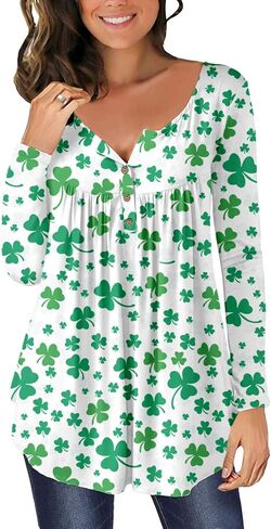 Valentine's Day Women's Henley V-Neck Long Sleeve Red Love Heart Tunic Holiday Shirts in Saudi Arabia