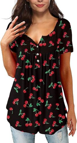 Valentine's Day Women's Henley V-Neck Long Sleeve Red Love Heart Tunic Holiday Shirts in Saudi Arabia