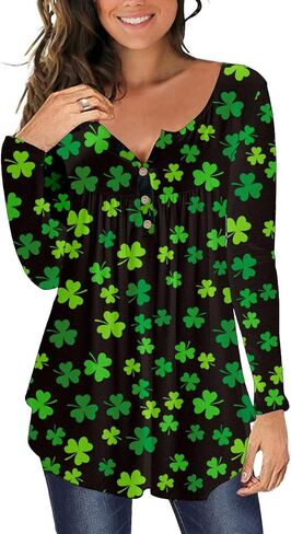 Valentine's Day Women's Henley V-Neck Long Sleeve Red Love Heart Tunic Holiday Shirts in Saudi Arabia