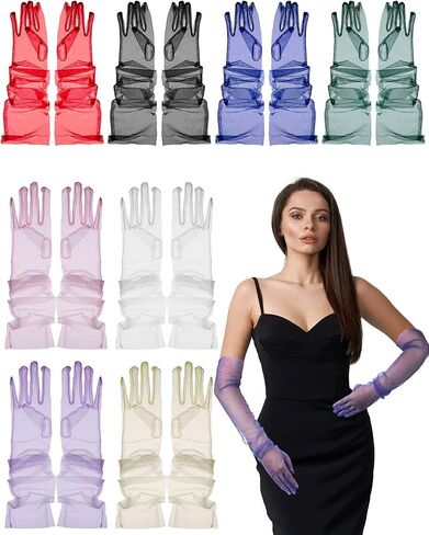 Panitay 8 Pairs Women's Long Mesh Tulle Gloves Wedding Bridal Sheer Gloves Halloween Evening Gloves Party Costume Accessory in Kuwait
