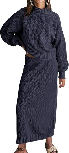 FACDIBY المرأة 2 قطعة سترة تنورة مجموعة عادية كم طويل رقبة السلحفاة سترة تنورة قلم رصاص وتتسابق صالة مجموعات in Kuwait