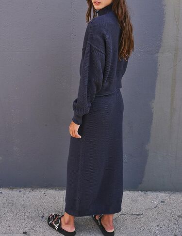 FACDIBY المرأة 2 قطعة سترة تنورة مجموعة عادية كم طويل رقبة السلحفاة سترة تنورة قلم رصاص وتتسابق صالة مجموعات in Kuwait