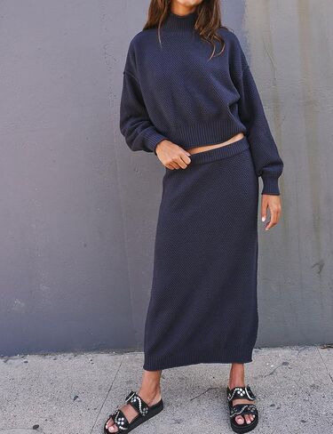 FACDIBY المرأة 2 قطعة سترة تنورة مجموعة عادية كم طويل رقبة السلحفاة سترة تنورة قلم رصاص وتتسابق صالة مجموعات in Kuwait