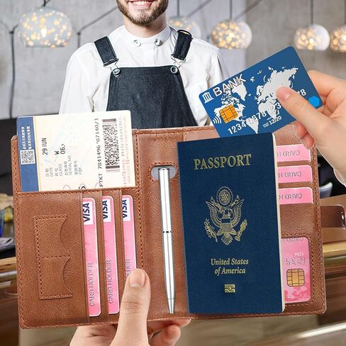 محفظة جواز سفر AirTag مع حامل AirTag وحامل قلم، مجموعة حامل بطاقة لقاح RFID مع سلسلة مفاتيح للأمتعة AirTag، غطاء جواز سفر جلدي للسفر فتحات متعددة للبطاقات (لا تتضمن علامات الهواء) in Kuwait