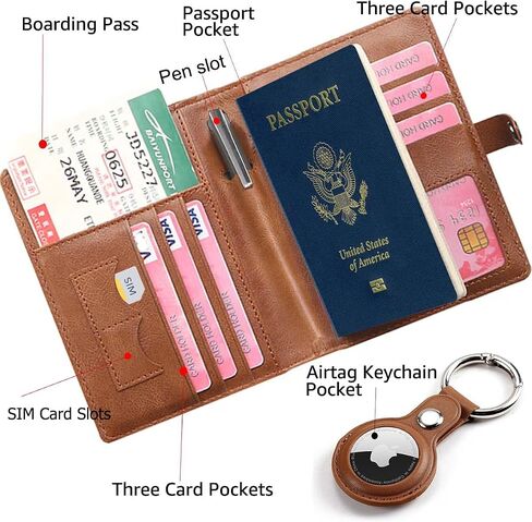 محفظة جواز سفر AirTag مع حامل AirTag وحامل قلم، مجموعة حامل بطاقة لقاح RFID مع سلسلة مفاتيح للأمتعة AirTag، غطاء جواز سفر جلدي للسفر فتحات متعددة للبطاقات (لا تتضمن علامات الهواء) in Kuwait