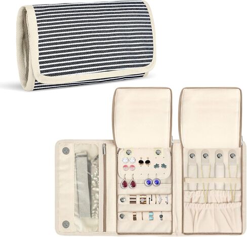 بكرة مجوهرات تيموي، منظم سفر المجوهرات للقلائد والأقراط والأساور والخواتم والدبابيس والمزيد، صغيرة الحجم وسهلة الحمل، مخططة in Kuwait