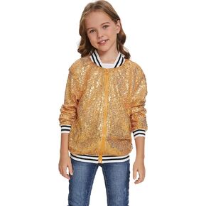NHUHEQ Girl Sequin Jacket Kid Sparkly Varsity Jackets Long Sleeve Lightweight Bomber Cardigan Metallic Shiny Coat
