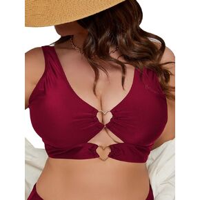 SOLY HUX Women's Plus Size Bikini Tops Heart Ring Swimsuit Cut Out Bathing Suit Tops V Neck Beachwear