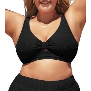 CUPSHE Women Swimsuit Plus Size Bikini Top Ribbed Texture Knotted Front Fixed Wide Straps No Bottom