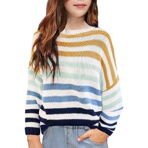 Aermony Girls Sweaters Long Sleeve Color Block Striped Oversized Sweater for Kids Knitted Crew Neck Pullovers Tops in Kuwait
