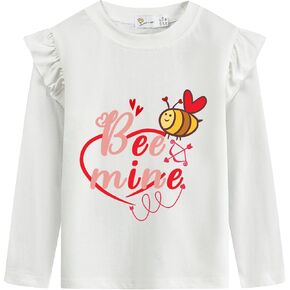 Tkria Valentine's Day Girl Shirt Love Heart Bees Dinosaurs Kisses and Hugs Ruffled Long Sleeve Tee Top 1-7 Years