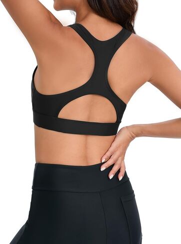 Women Racerback Sports Swim Bra High Neck Bikini Tops Black Workout Bathing Suit Padded Tops Only in Saudi Arabia