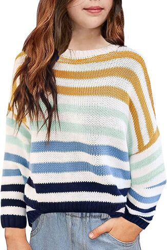 سترات للفتيات من Aermony بأكمام طويلة وسترة مخططة كبيرة الحجم للأطفال محبوكة برقبة دائرية وبلوفرات علوية in Kuwait