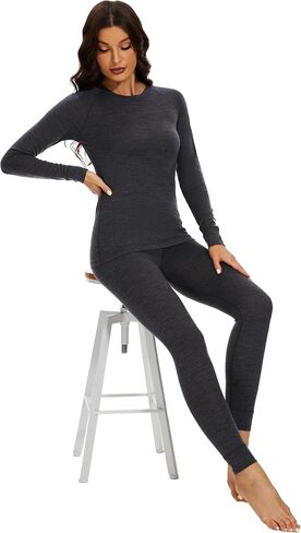 مجموعة طبقات أساسية من صوف ميرينو بنسبة 100% للسيدات من Woolcano طبقة أساسية نشطة خفيفة الوزن للتزلج in Kuwait