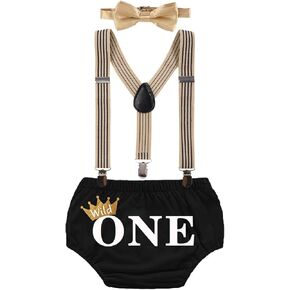 MYRISAM Wild ONE Cake Smash Outfit Boy First Birthday Photo Shoot Printed Bloomers Suspenders Bowtie Baby Shower Costume