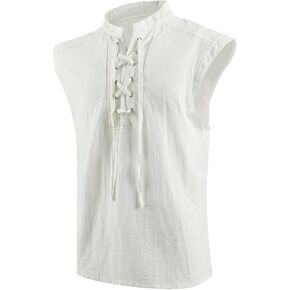 Mens Medieval Renaissance Pirate Costume Sleeveless Lace-up Stand Collar Shirt Gothic Viking Steampunk Top Tunic in Saudi Arabia