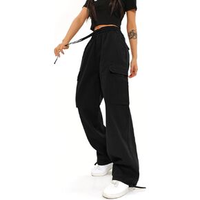 Yusongirl High Waisted Cargo Pants for Women Baggy Wide Leg Straight Adjustable Y2K Pants Streetwear with 6 Pockets