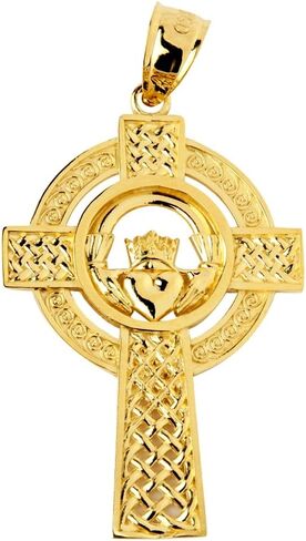 14k Yellow Gold Celtic Knotwork Charm Claddagh Cross Pendant in Saudi Arabia