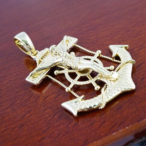 14k Gold Plated, Anchor Earring With/Christ 1.5", Stainless Steel - By Brillo Miami in Saudi Arabia
