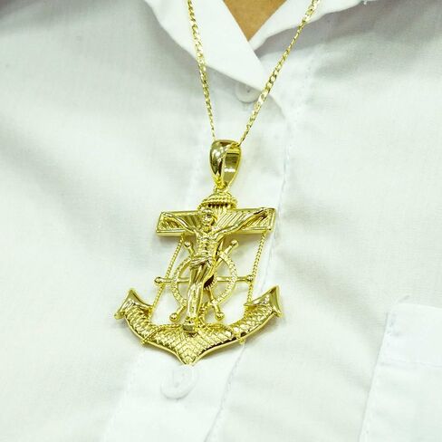 14k Gold Plated, Anchor Earring With/Christ 1.5", Stainless Steel - By Brillo Miami in Saudi Arabia
