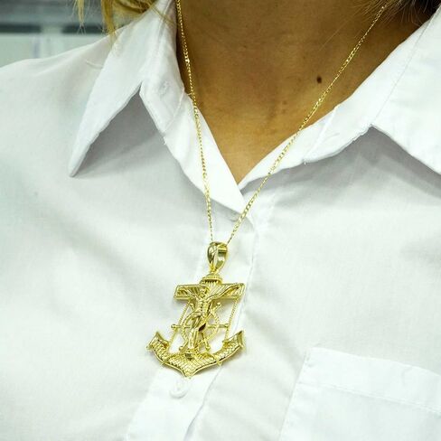 14k Gold Plated, Anchor Earring With/Christ 1.5", Stainless Steel - By Brillo Miami in Saudi Arabia