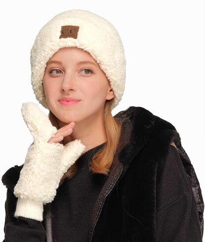 C.C Women Fuzzy Lined Sherpa Cuff Warm Winter Beanie and Mitten Set in Saudi Arabia