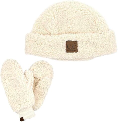 C.C Women Fuzzy Lined Sherpa Cuff Warm Winter Beanie and Mitten Set in Saudi Arabia