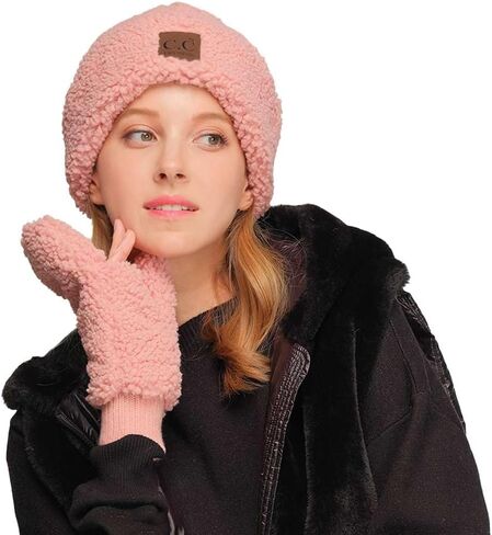 C.C Women Fuzzy Lined Sherpa Cuff Warm Winter Beanie and Mitten Set in Kuwait