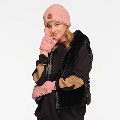 C.C Women Fuzzy Lined Sherpa Cuff Warm Winter Beanie and Mitten Set in Kuwait