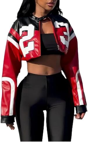 VOIKERDR Leather Jacket Cropped Jacket Motorcycle Jacket Y2K Letter Bomber Jacket Women Faux Leather Jacket Streetwear in Saudi Arabia