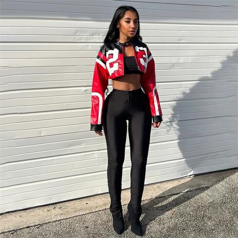 VOIKERDR Leather Jacket Cropped Jacket Motorcycle Jacket Y2K Letter Bomber Jacket Women Faux Leather Jacket Streetwear in Saudi Arabia