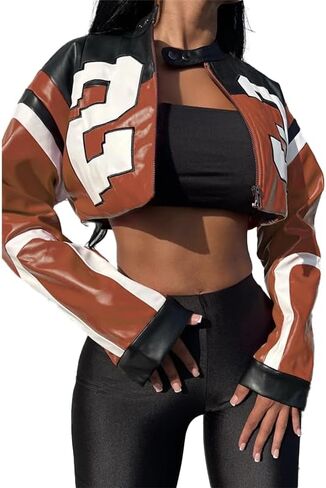 VOIKERDR Leather Jacket Cropped Jacket Motorcycle Jacket Y2K Letter Bomber Jacket Women Faux Leather Jacket Streetwear in Saudi Arabia