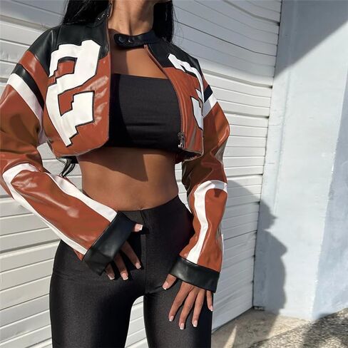VOIKERDR Leather Jacket Cropped Jacket Motorcycle Jacket Y2K Letter Bomber Jacket Women Faux Leather Jacket Streetwear in Saudi Arabia