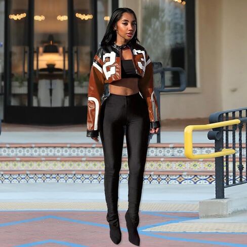 VOIKERDR Leather Jacket Cropped Jacket Motorcycle Jacket Y2K Letter Bomber Jacket Women Faux Leather Jacket Streetwear in Saudi Arabia