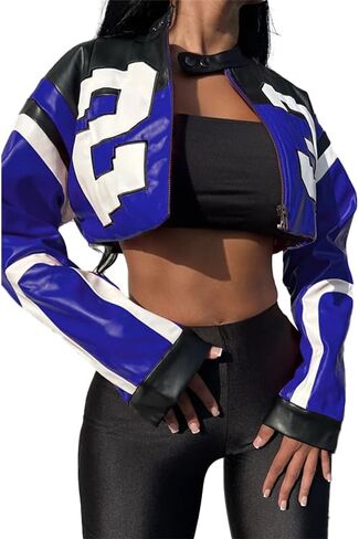 VOIKERDR Leather Jacket Cropped Jacket Motorcycle Jacket Y2K Letter Bomber Jacket Women Faux Leather Jacket Streetwear in Saudi Arabia