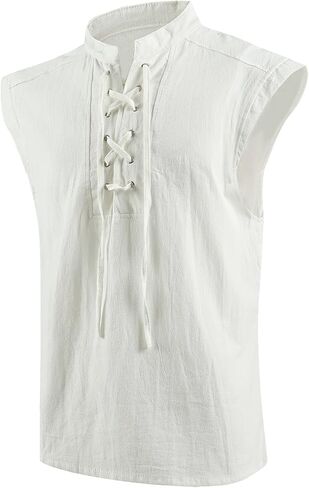Mens Medieval Renaissance Pirate Costume Sleeveless Lace-up Stand Collar Shirt Gothic Viking Steampunk Top Tunic in Kuwait