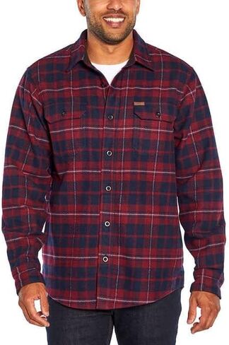 Orvis Men's Size Large Heavy Weight Double Brushed Flannel Button up Shirt Long Sleeve Plaid with Hand Warmer Pocket Red Navy in Saudi Arabia