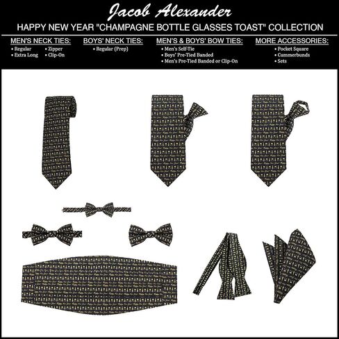 كوب رجالي مطبوع عليه عبارة "Jacob Alexander " Happy New Year Champagne Bottle Glasses Toast مربوط مسبقًا بعقدة, أسود, Pre-Tied Clip-On in Saudi Arabia
