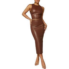 Verdusa Women's 2 Piece Outfit Pu Leather Crop Tank Top and Long Bodycon Skirt Sets in Kuwait