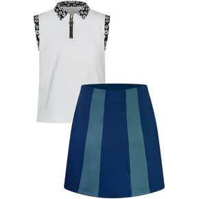 Marie Birdie Bundle Hazy Shade of Winter Sleeveless Polo White + Hazy Shade of Winter Skirt with Pockets and Shorts Navy - Junior Girls Golf Outfit for Teens and Tweens 16 Years Old in Kuwait