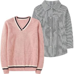 LittleSpring 2-Piece Kids V-Neck Sweater and Long Sleeve Button Down Striped Shirt Set in Saudi Arabia