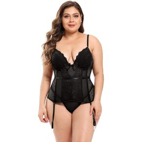 ohyeah Women Corset Lingerie Set with Garter Belts Plus Size Lace Underwire Lingerie Babydoll Naughty Boudoir Outfits